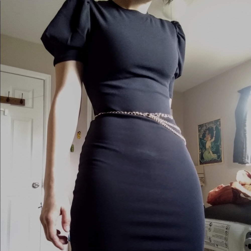 NWT Black Bodycon Mini Dress Ruched Puff Sleeves
